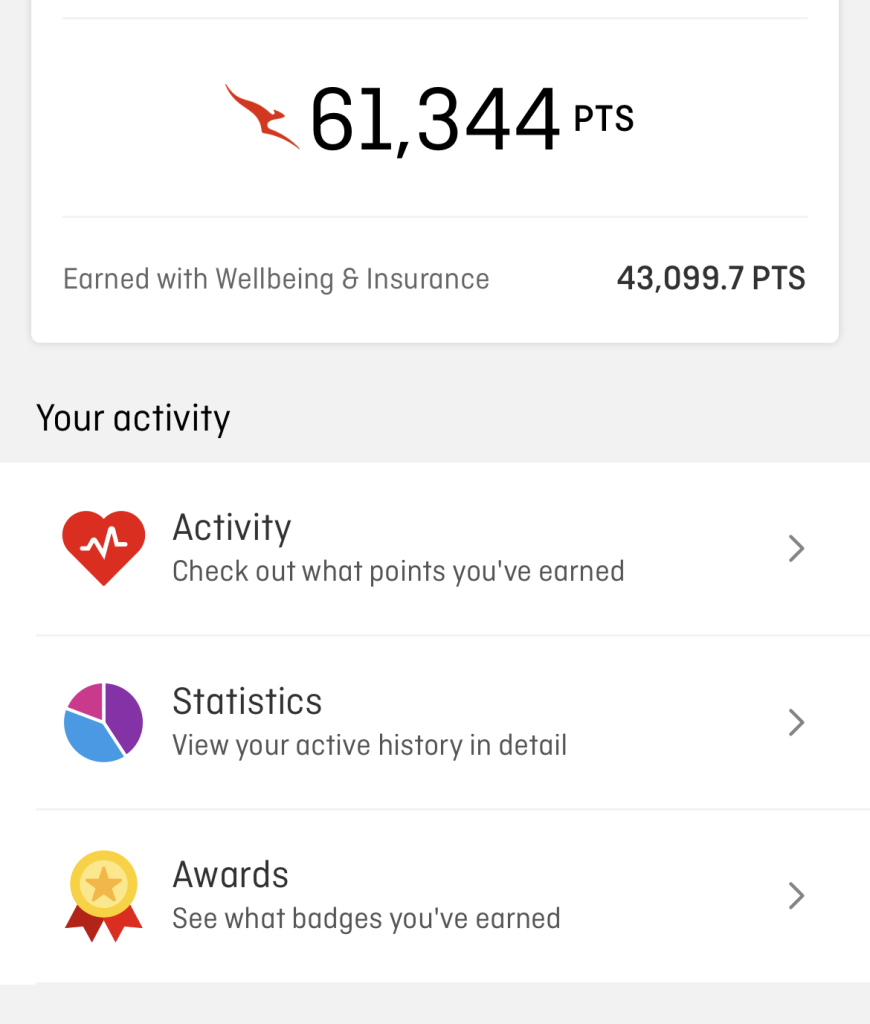 The points I've earned using the Qantas Wellbeing App